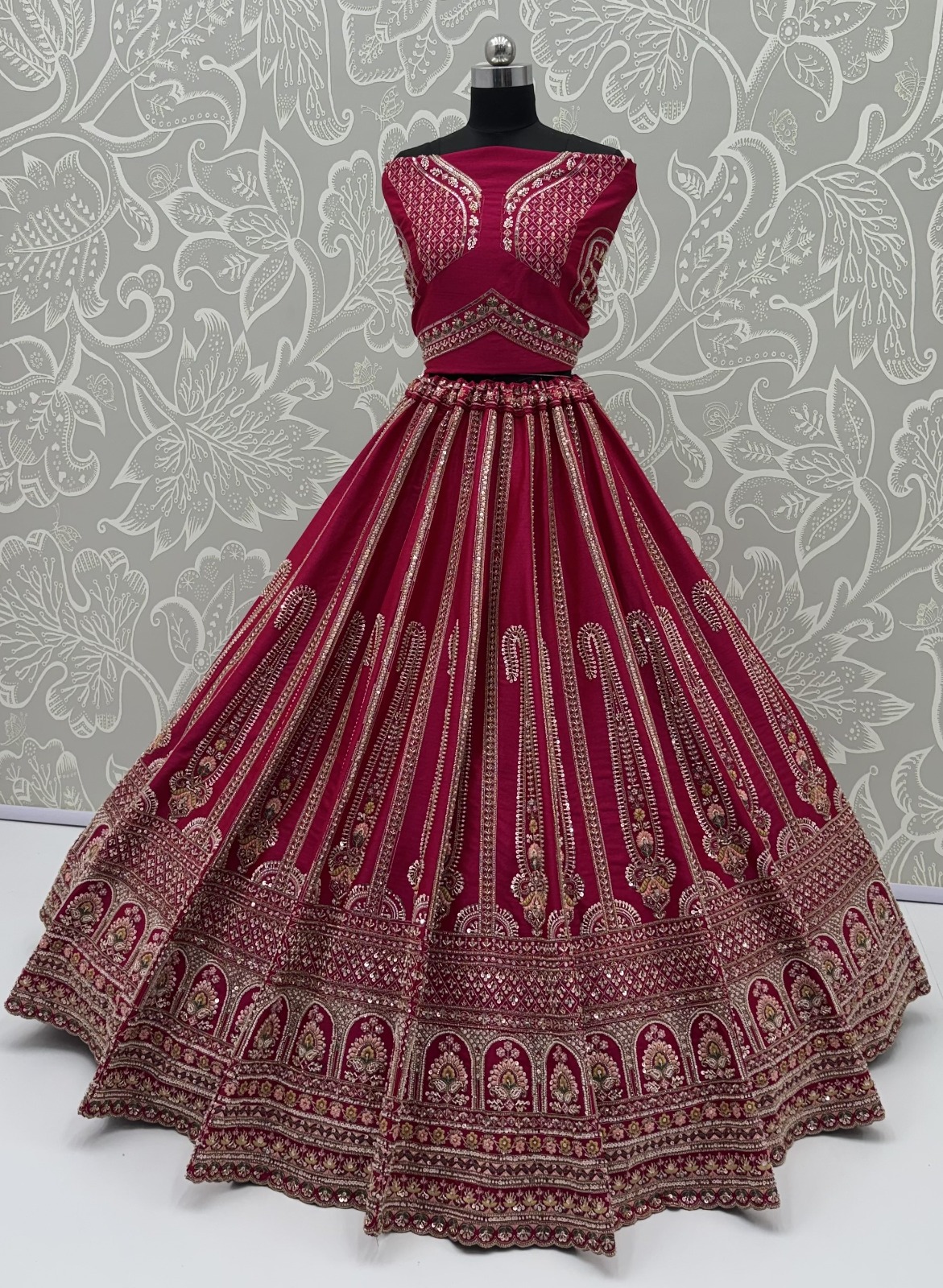 Rani-Pink Silk Floral Pattern using Beads, Golden Sequins-Thread Handwork Bridal Semi-Stitched Lehenga Choli
